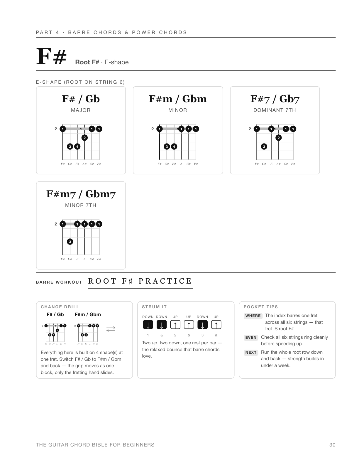 Sample page 30: F sharp barre chords E-shape with workout drills